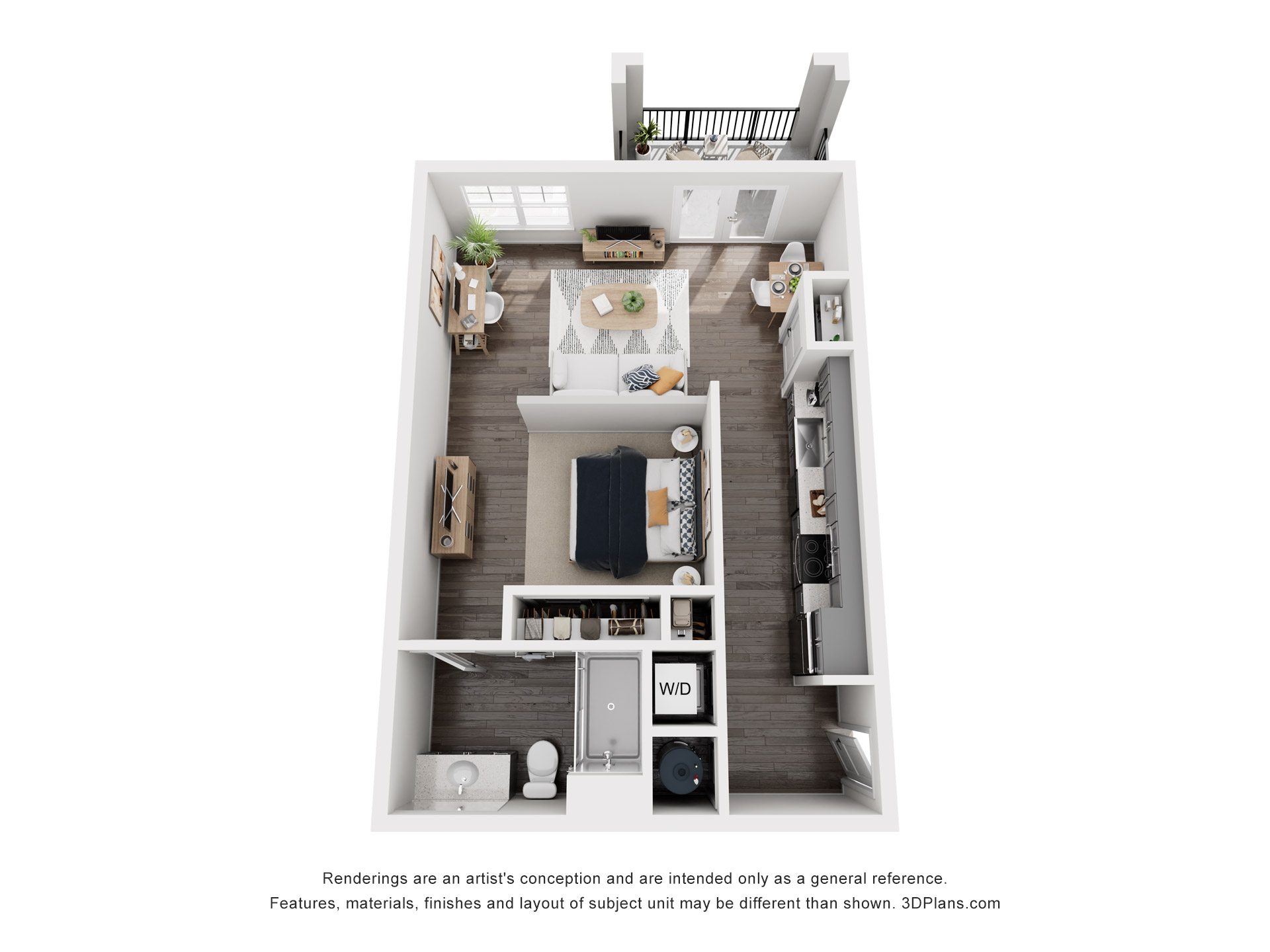 Floor plan for 1 bed, 1 bath, 632 sqft